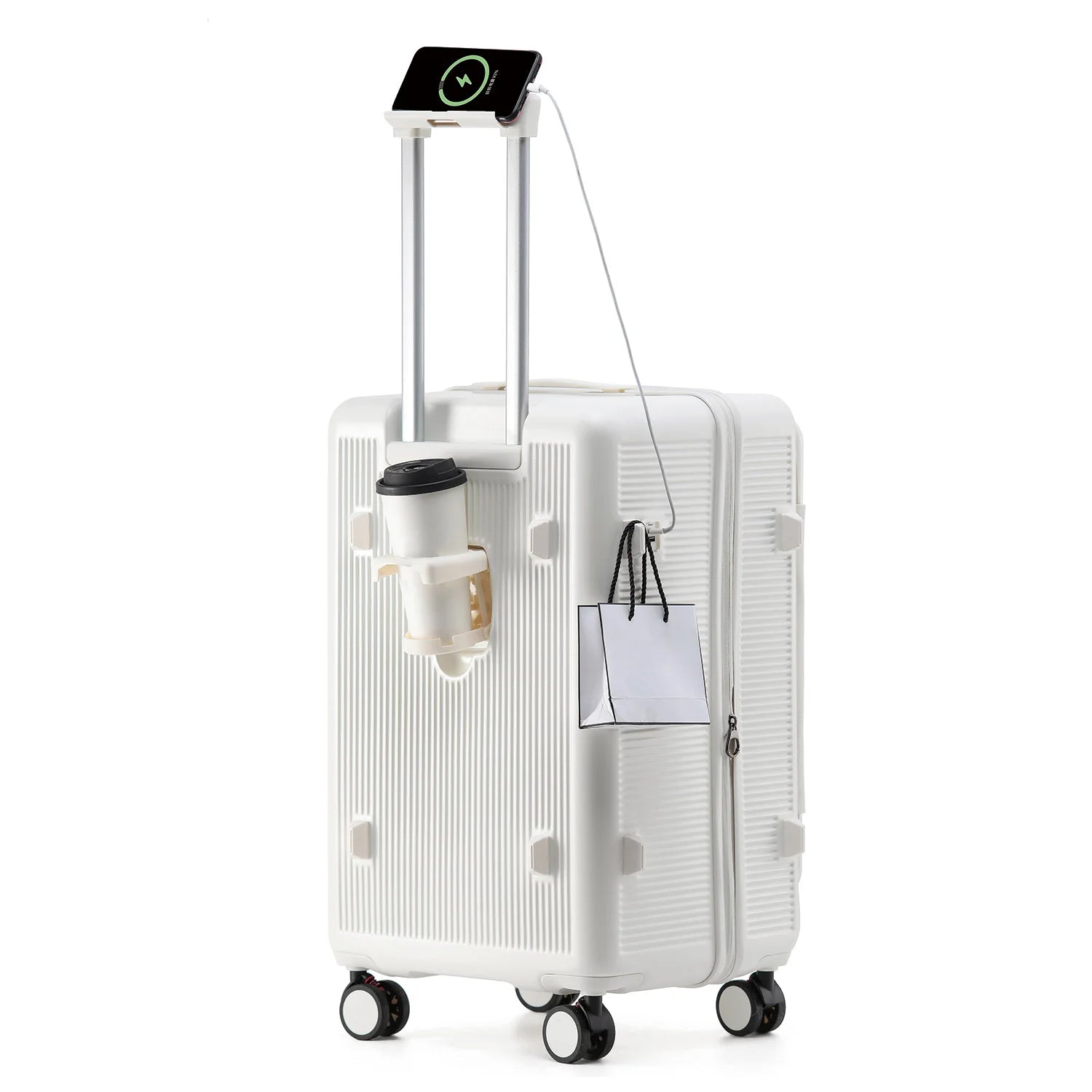 Smart Side-Open Suitcase Charging port Retractable Cup Holder Hook Durable ABS+PC Luggage 20/24/26/28" Travel Trolley TSA Lock