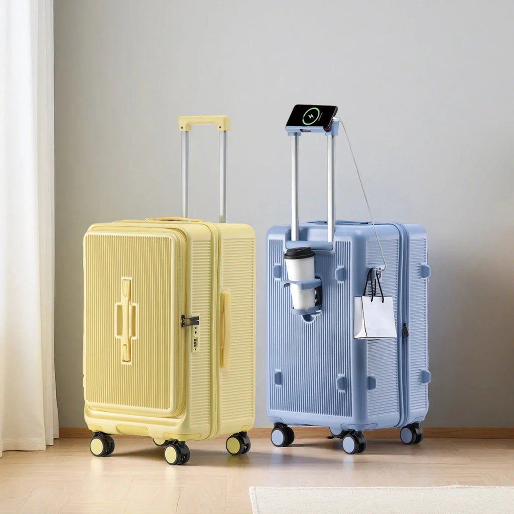 Smart Side-Open Suitcase Charging port Retractable Cup Holder Hook Durable ABS+PC Luggage 20/24/26/28" Travel Trolley TSA Lock