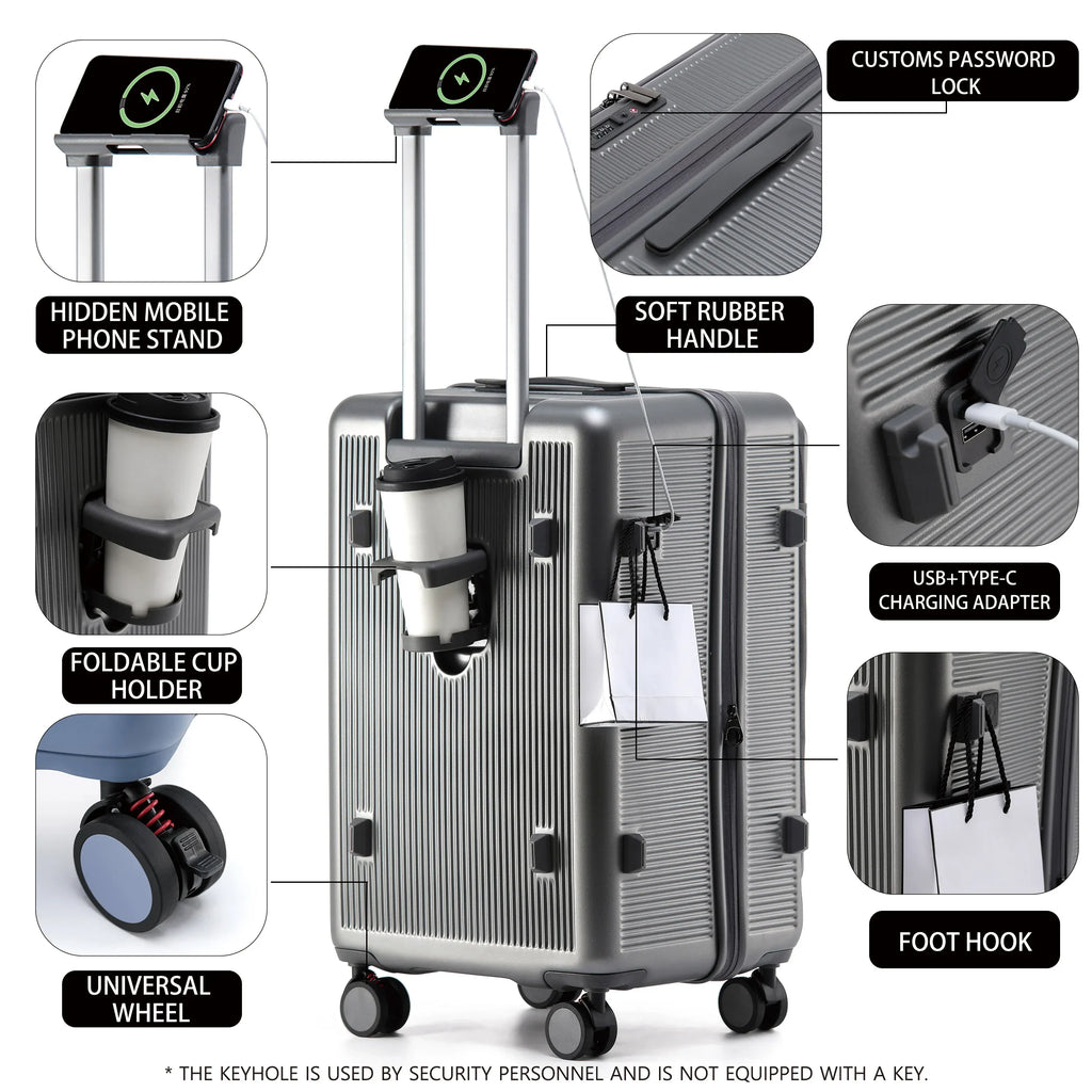 Smart Side-Open Suitcase Charging port Retractable Cup Holder Hook Durable ABS+PC Luggage 20/24/26/28" Travel Trolley TSA Lock