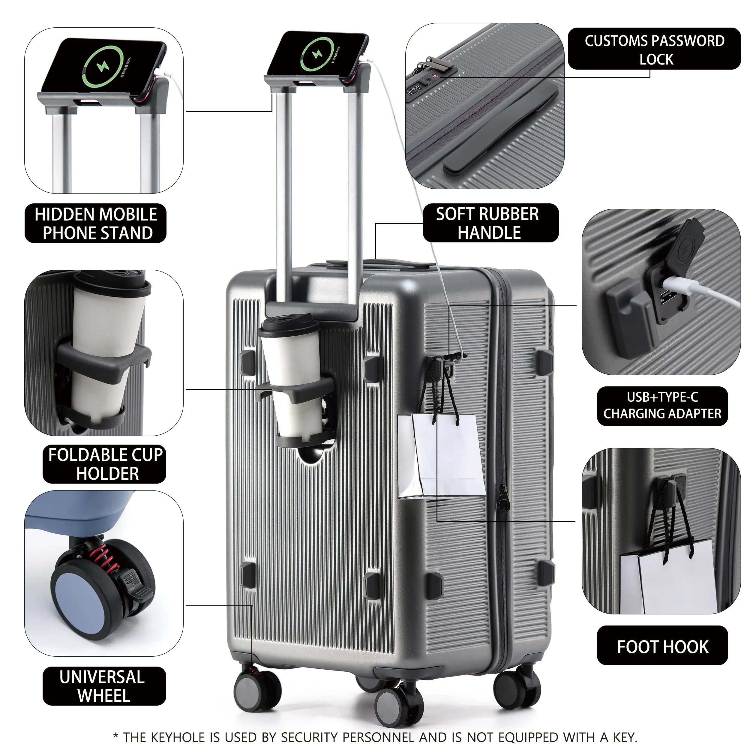 Smart Side-Open Suitcase Charging port Retractable Cup Holder Hook Durable ABS+PC Luggage 20/24/26/28" Travel Trolley TSA Lock