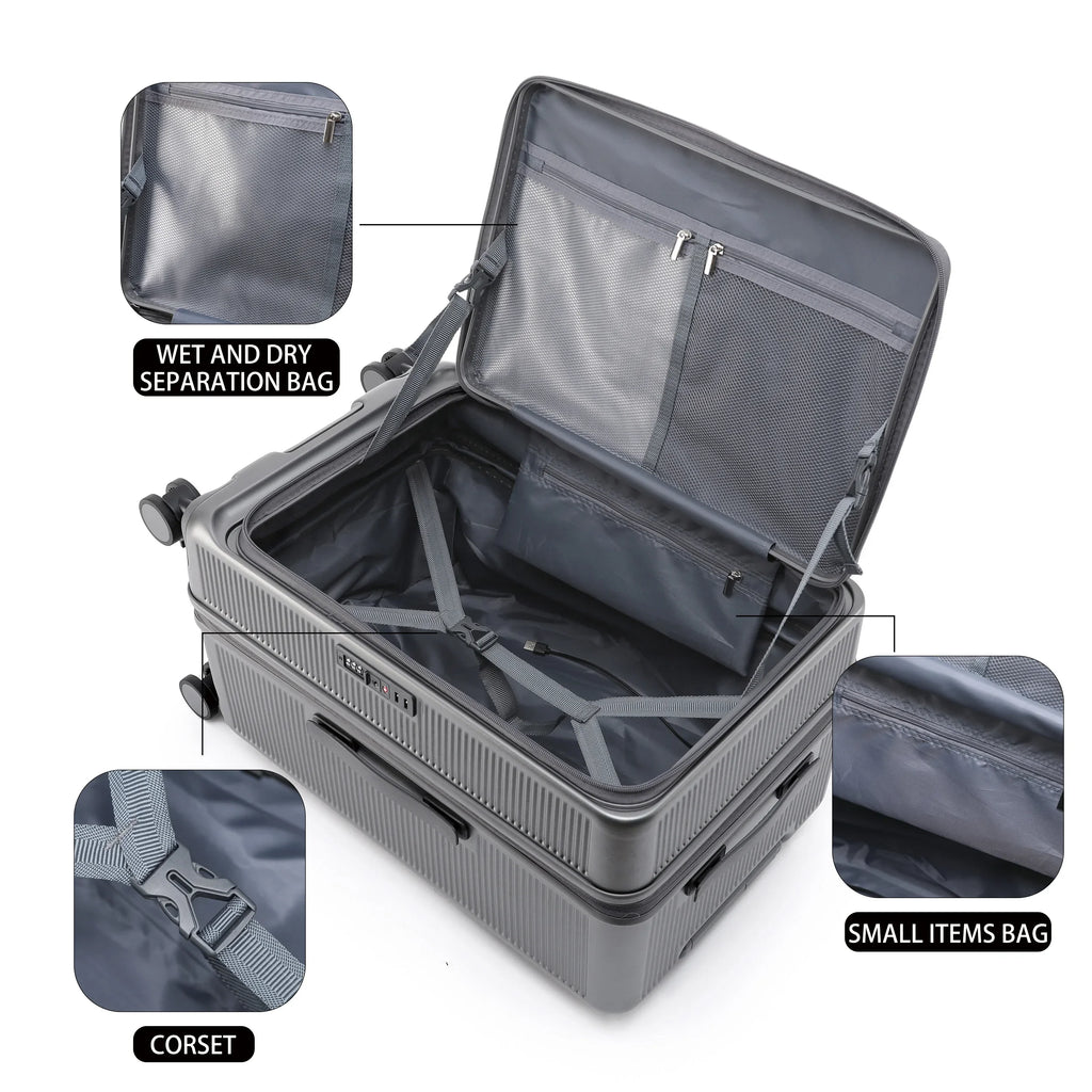 Smart Side-Open Suitcase Charging port Retractable Cup Holder Hook Durable ABS+PC Luggage 20/24/26/28" Travel Trolley TSA Lock