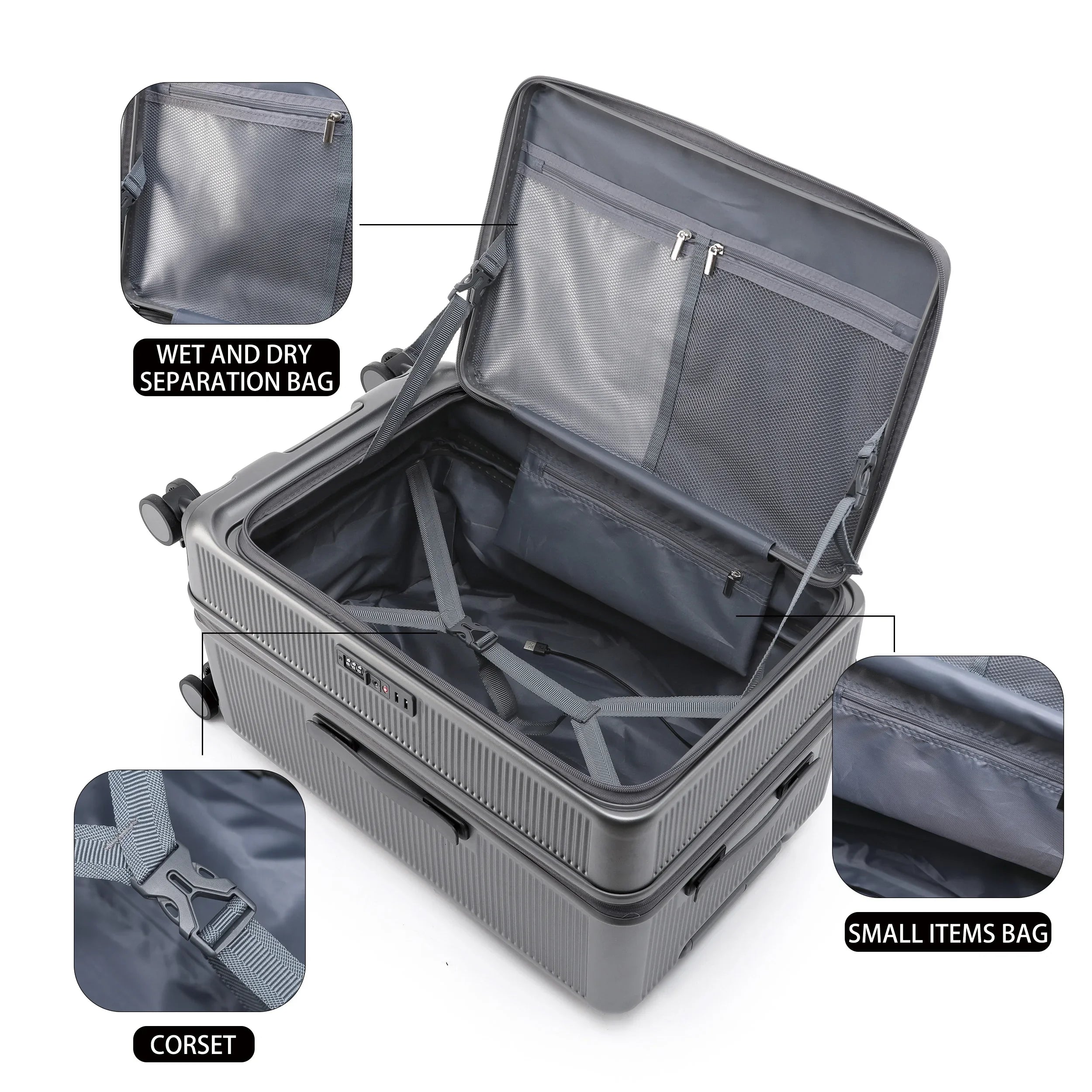 Smart Side-Open Suitcase Charging port Retractable Cup Holder Hook Durable ABS+PC Luggage 20/24/26/28" Travel Trolley TSA Lock