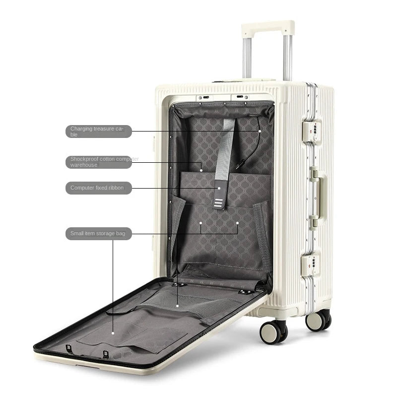 20/24 Inch The New Luggage Multifunctional Aluminum Frame Trolley Case with USB Cup Holder Large Capacity Boarding Box Suitcase