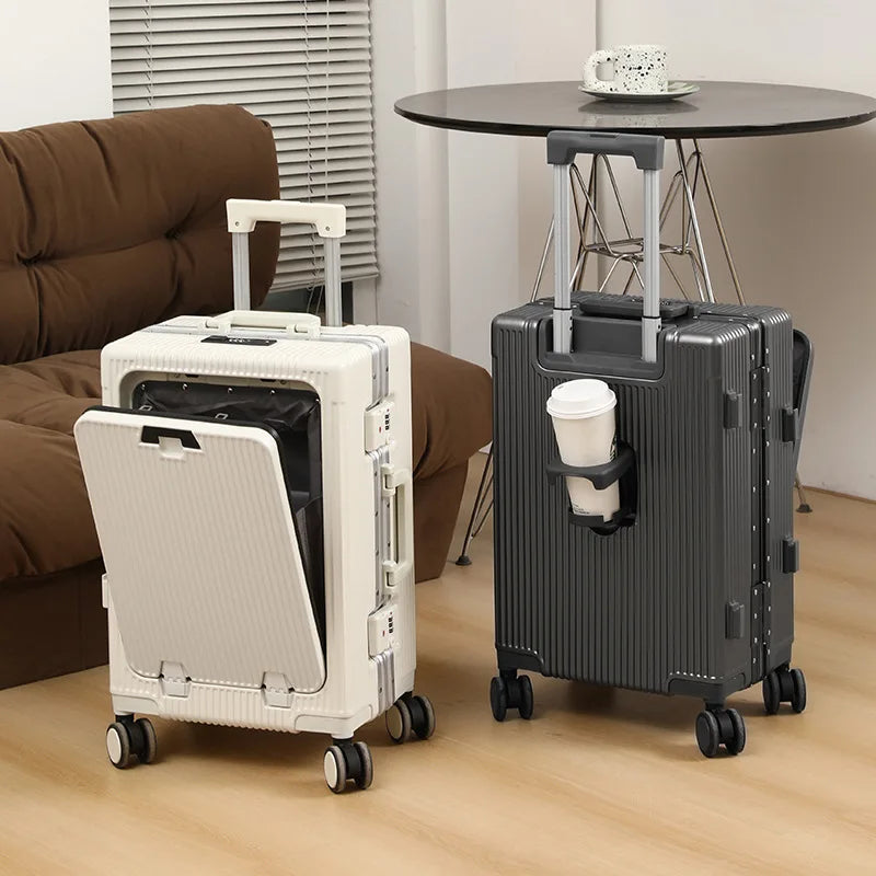 New Travel Luggage Multifunctional Aluminum Frame Trolley Suitcase with USB Cup Holder Large Capacity Bag Boarding Box Suitcase