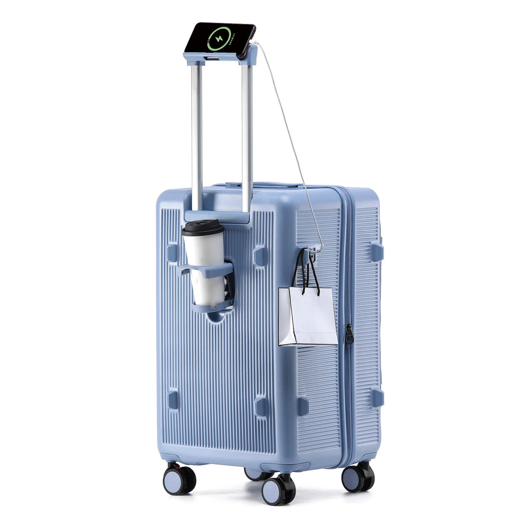 Smart Side-Open Suitcase Charging port Retractable Cup Holder Hook Durable ABS+PC Luggage 20/24/26/28" Travel Trolley TSA Lock