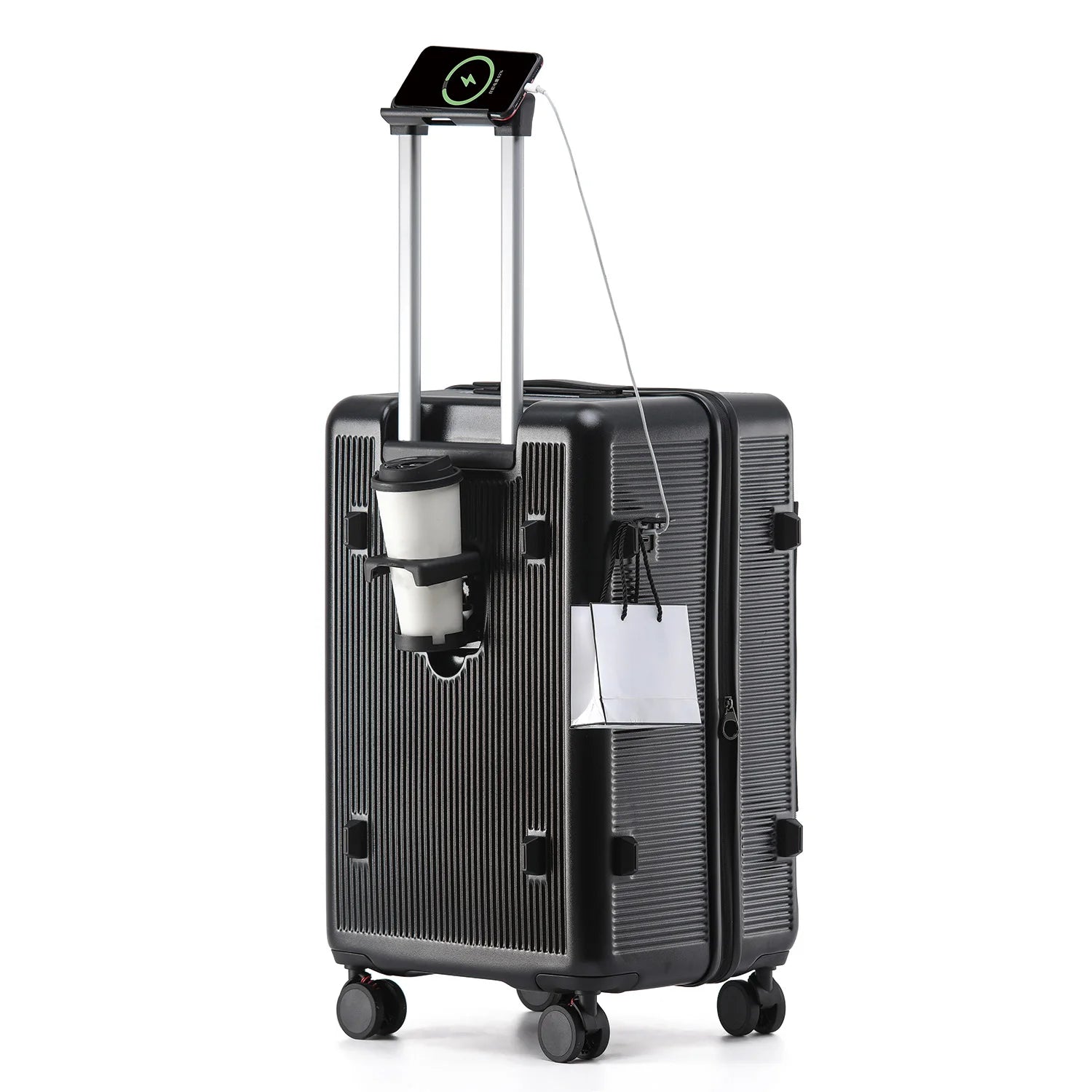 Smart Side-Open Suitcase Charging port Retractable Cup Holder Hook Durable ABS+PC Luggage 20/24/26/28" Travel Trolley TSA Lock