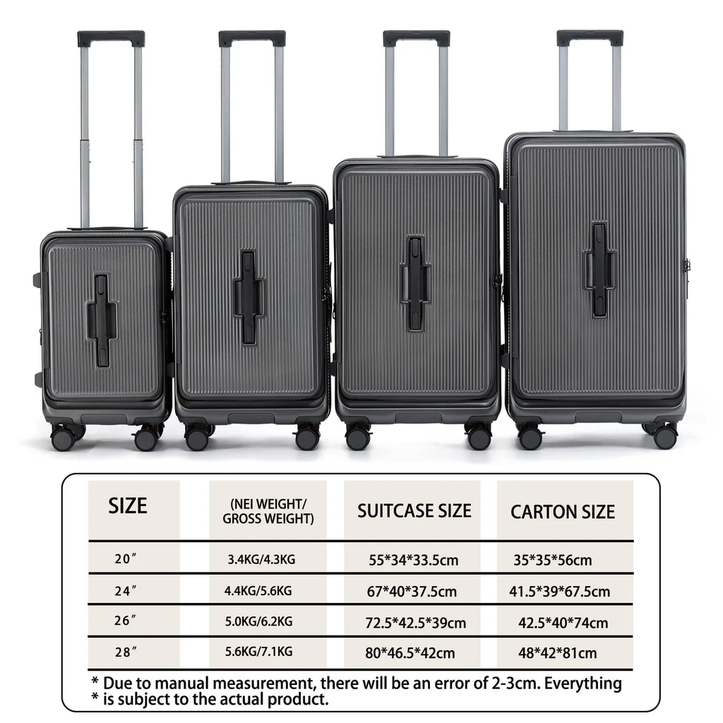 Smart Side-Open Suitcase Charging port Retractable Cup Holder Hook Durable ABS+PC Luggage 20/24/26/28" Travel Trolley TSA Lock