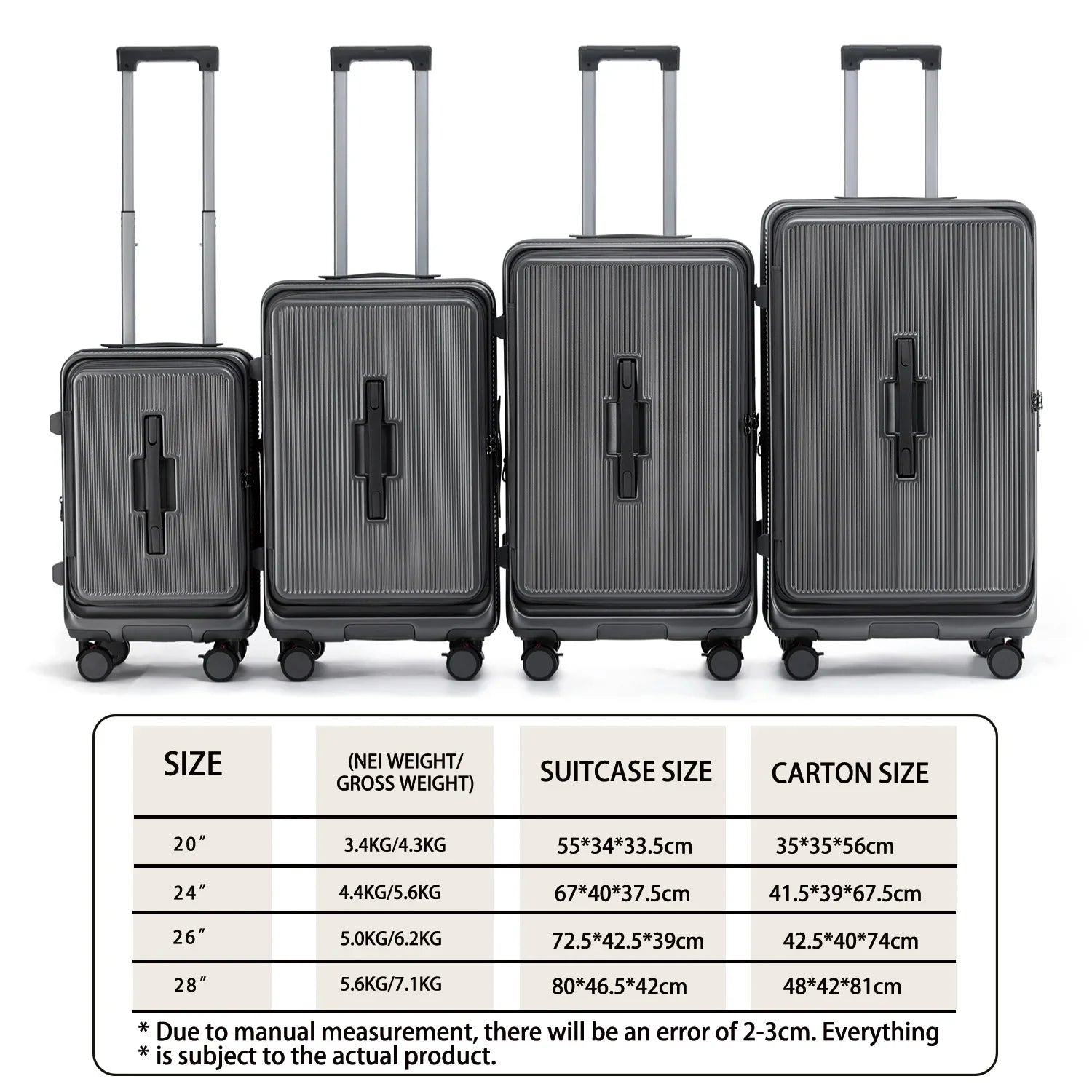 Smart Side-Open Suitcase Charging port Retractable Cup Holder Hook Durable ABS+PC Luggage 20/24/26/28" Travel Trolley TSA Lock