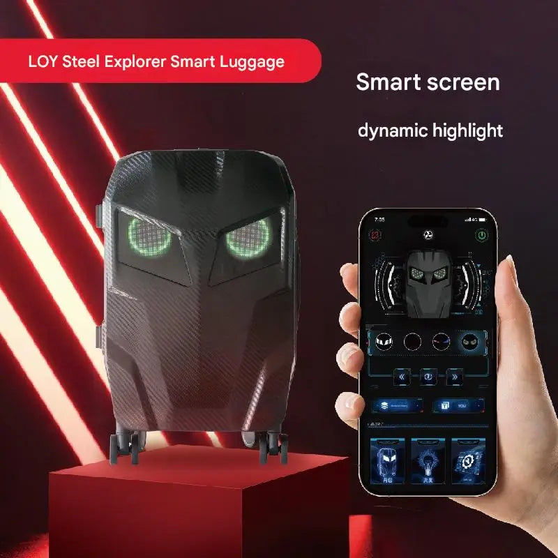 Explorer LED Luggage – Carbon Texture DIY Bluetooth Suitcase with Light-Up Eyes, Smart Travel Bag, Motorcycles Accessories