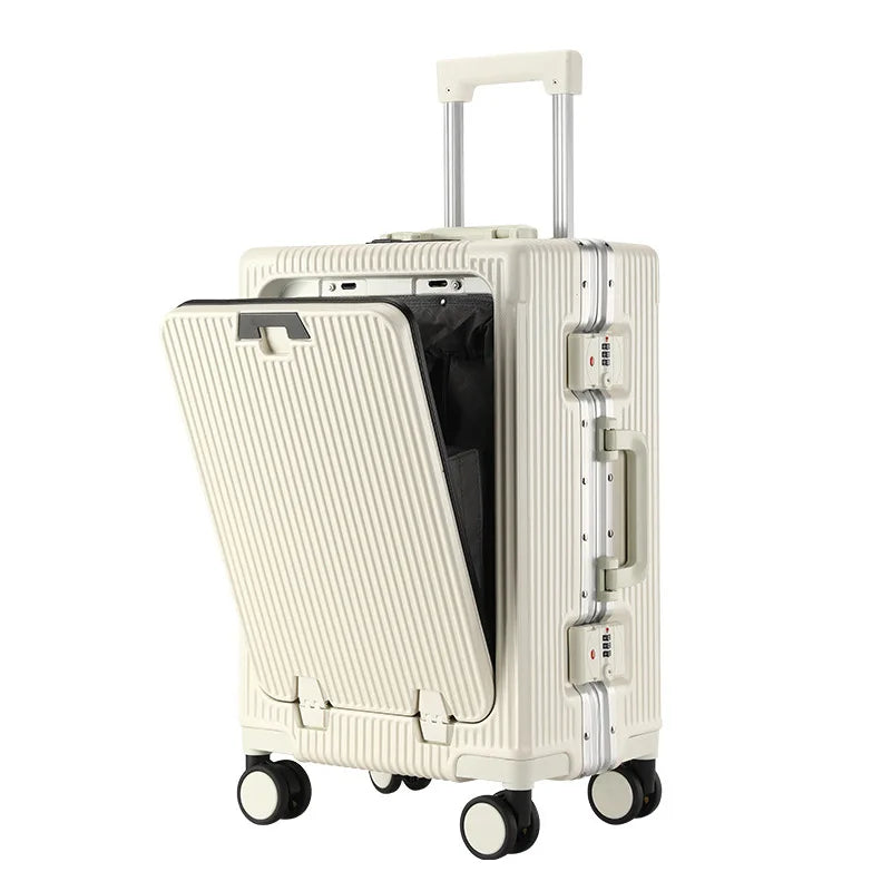 New Travel Luggage Multifunctional Aluminum Frame Trolley Suitcase with USB Cup Holder Large Capacity Bag Boarding Box Suitcase
