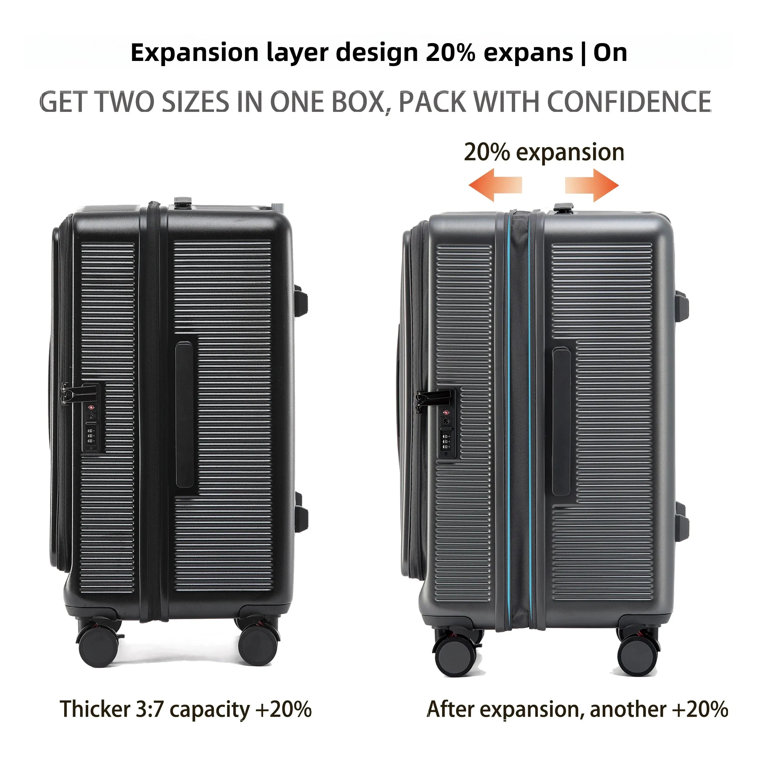 Smart Side-Open Suitcase Charging port Retractable Cup Holder Hook Durable ABS+PC Luggage 20/24/26/28" Travel Trolley TSA Lock