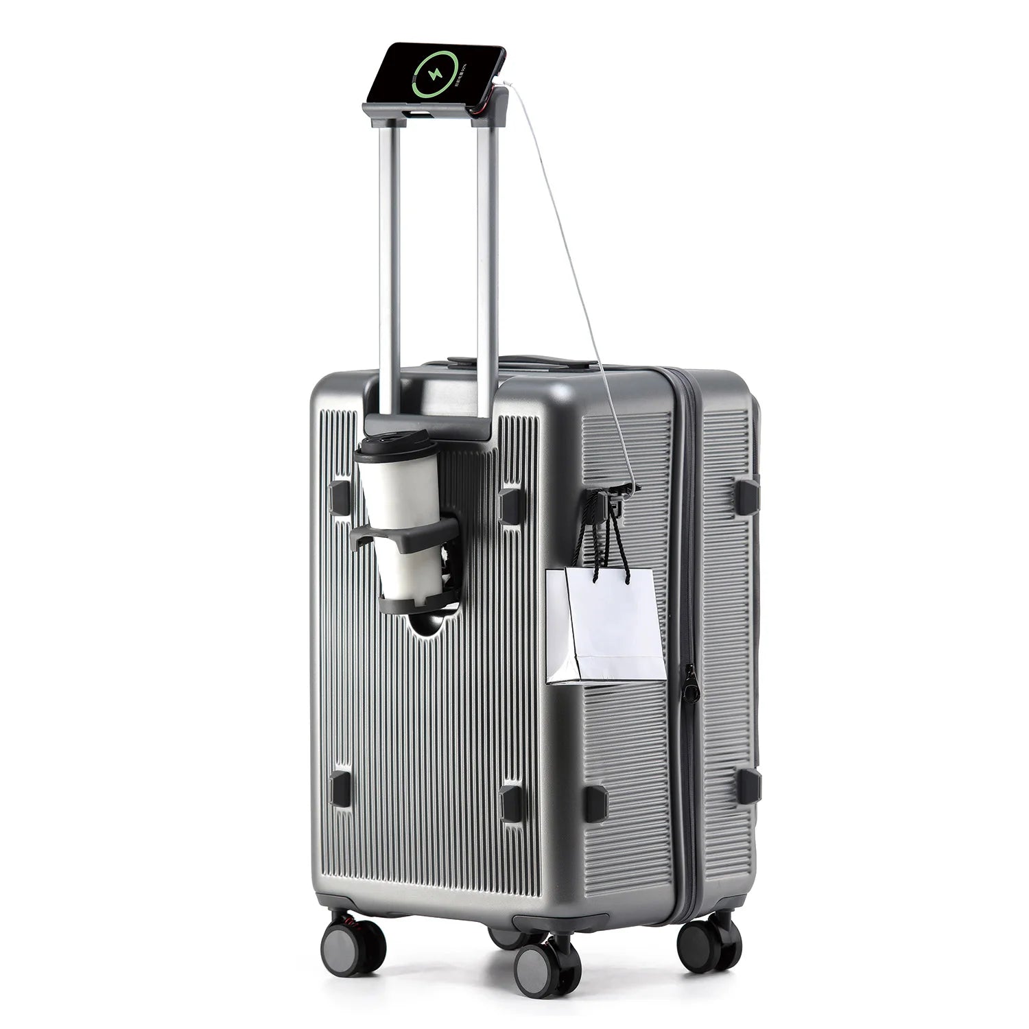 Smart Side-Open Suitcase Charging port Retractable Cup Holder Hook Durable ABS+PC Luggage 20/24/26/28" Travel Trolley TSA Lock